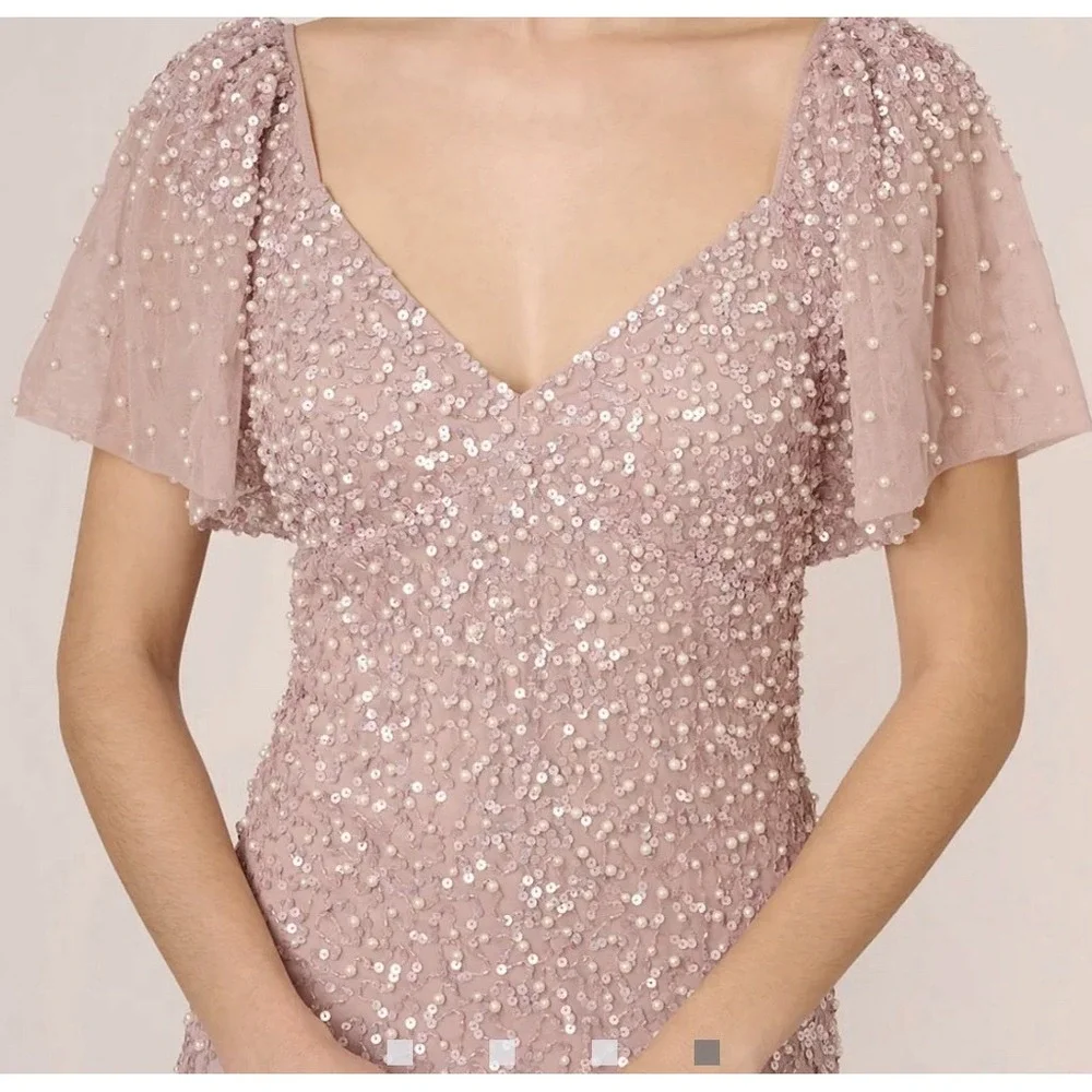 ADRIANNA PAPELL Pink Beaded Mesh Maxi Dress Size 6 Maxi